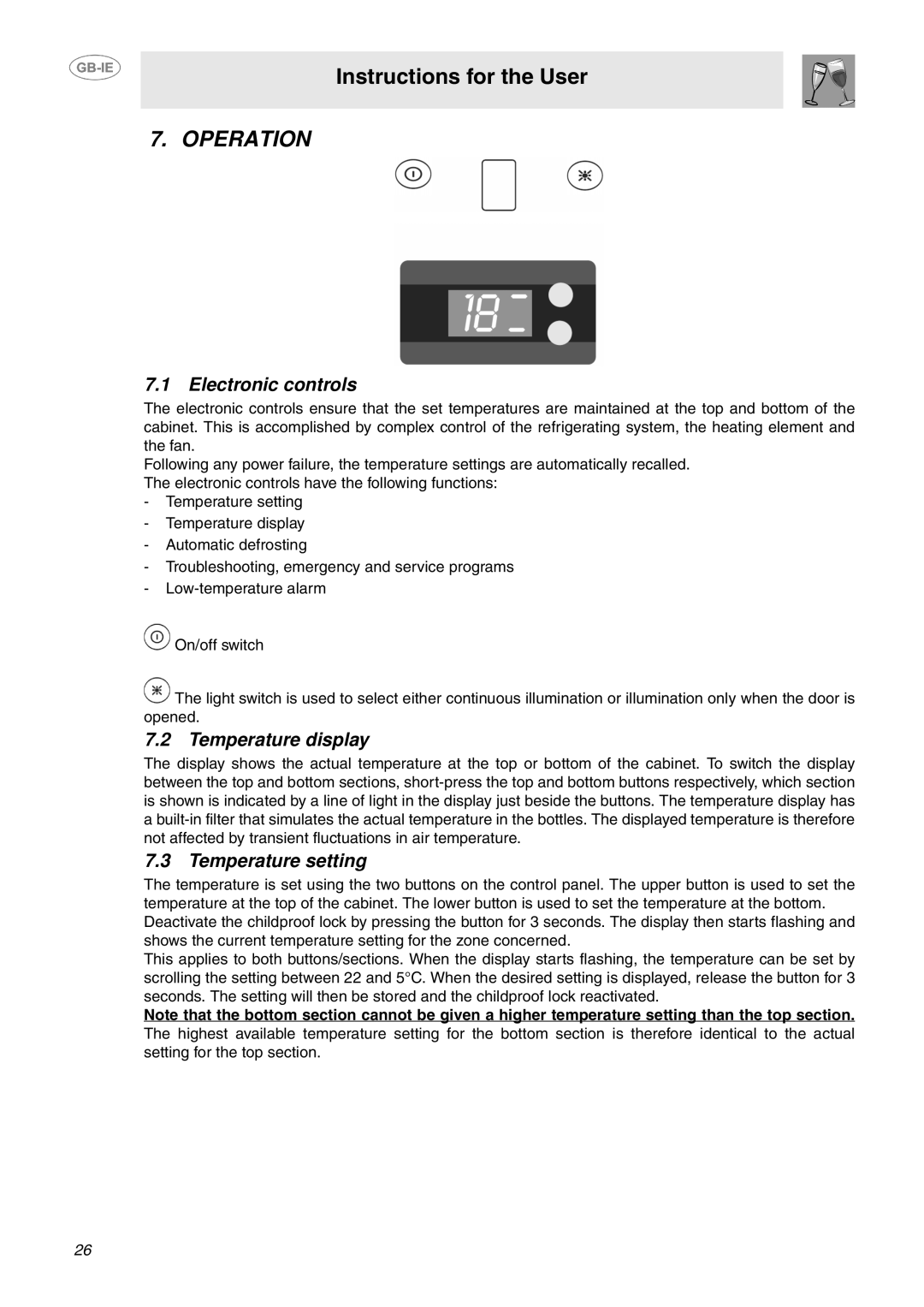 Smeg GB-IE dimensions Operation, Electronic controls, Temperature display, Temperature setting 