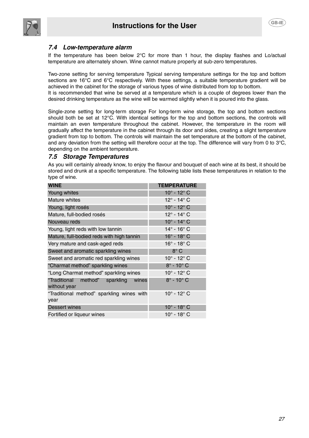 Smeg GB-IE dimensions Low-temperature alarm, Storage Temperatures, Wine Temperature 