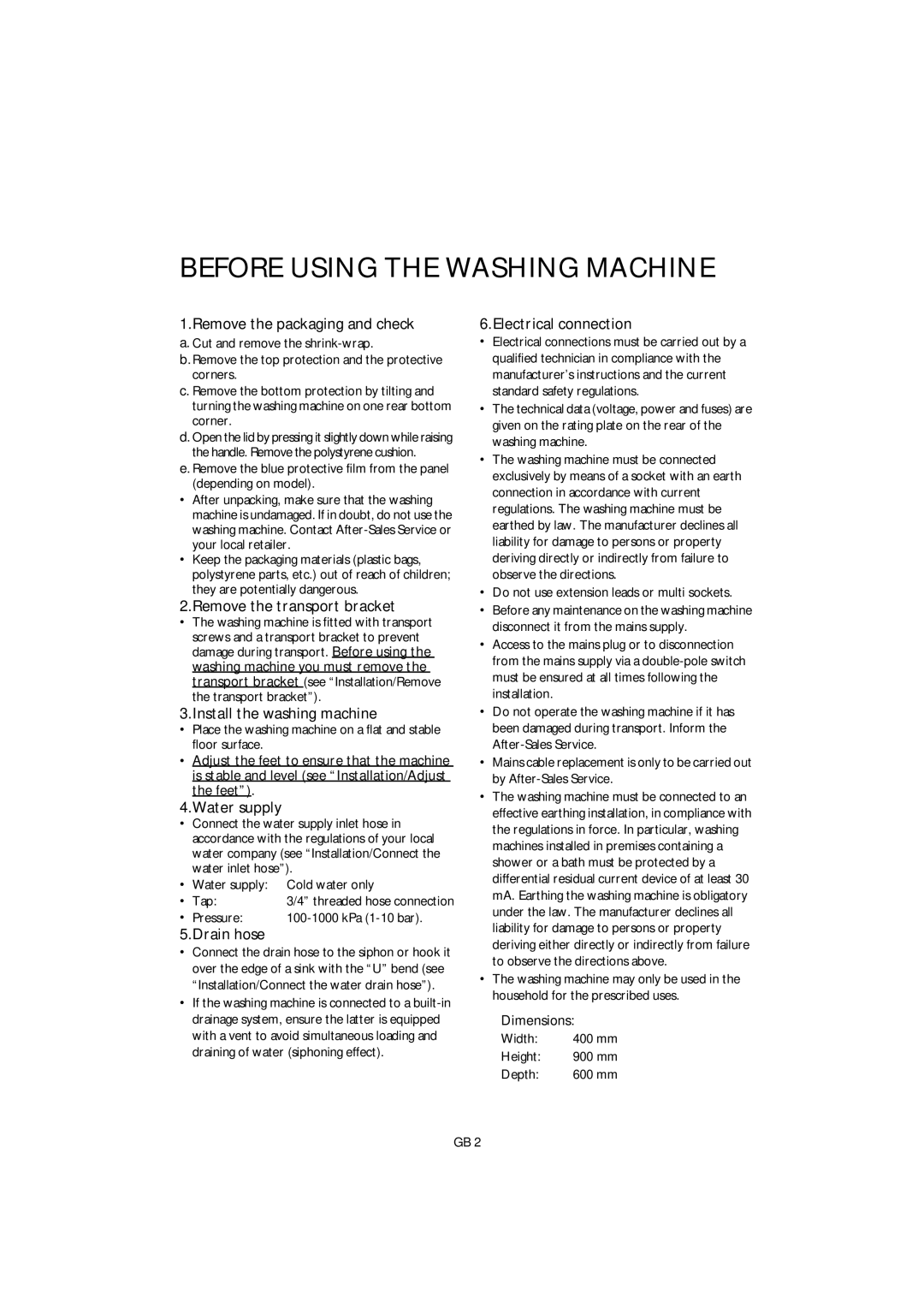 Smeg GB ST L80 manual Before Using the Washing Machine 