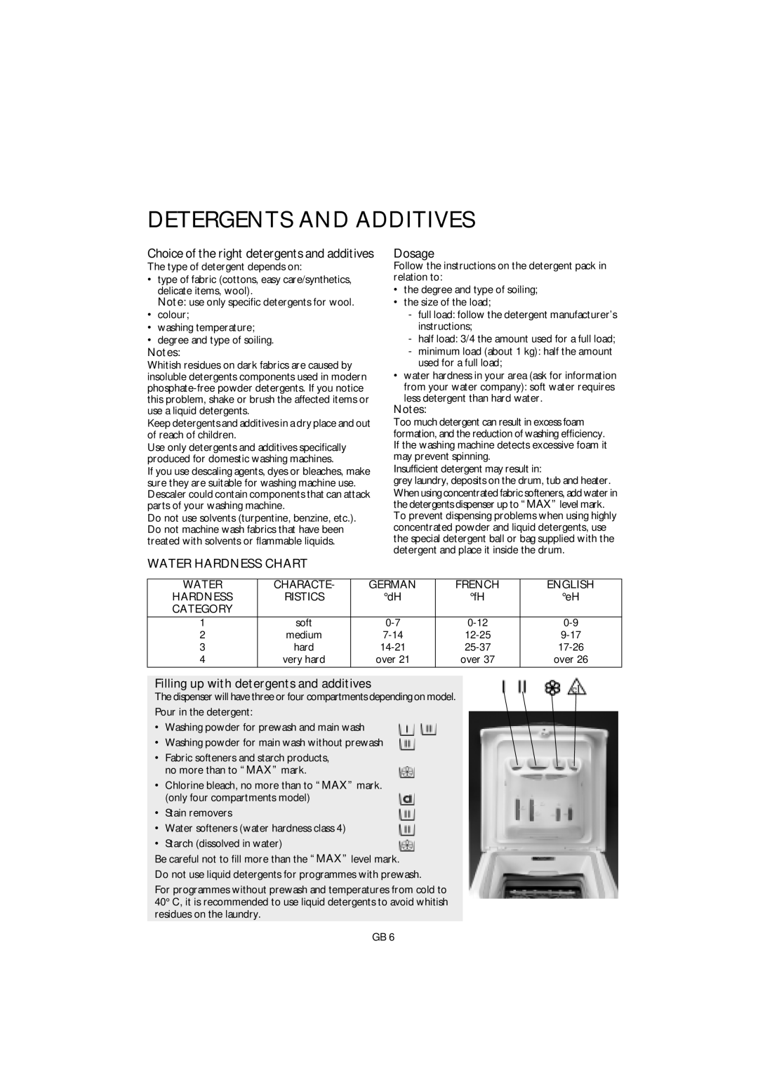 Smeg GB ST L80 manual Detergents and Additives, Dosage, Filling up with detergents and additives 