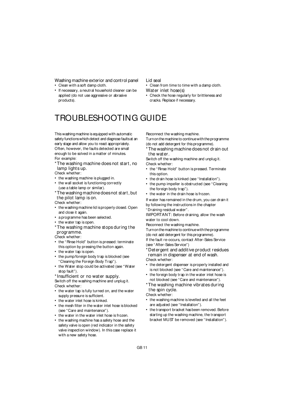 Smeg GB ST L80 manual Troubleshooting Guide, Water inlet hoses, The washing machine does not start, no lamp lights up 