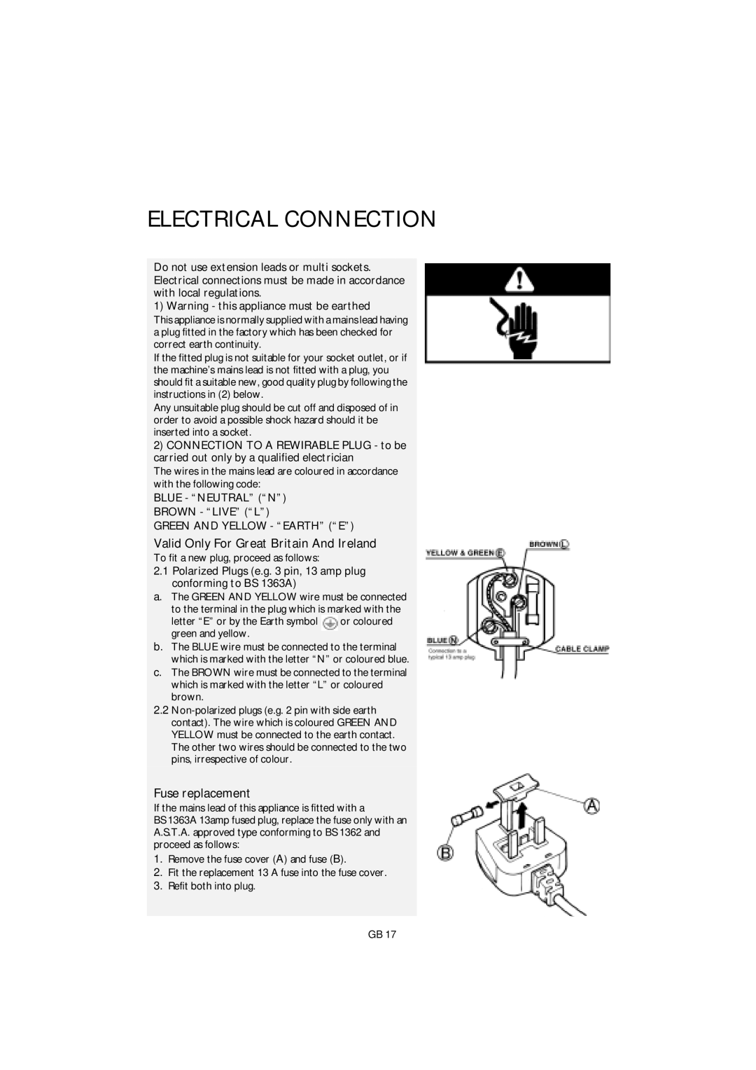 Smeg GB ST L80 manual Electrical Connection, Valid Only For Great Britain And Ireland, Fuse replacement 