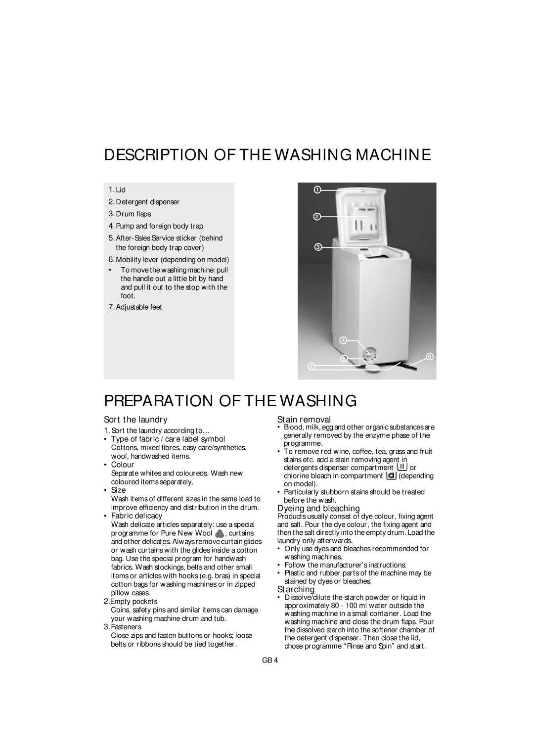 Smeg GB ST L80 Description Of The Washing Machine, Preparation Of The Washing, Sort the laundry, Stain removal, Starching 