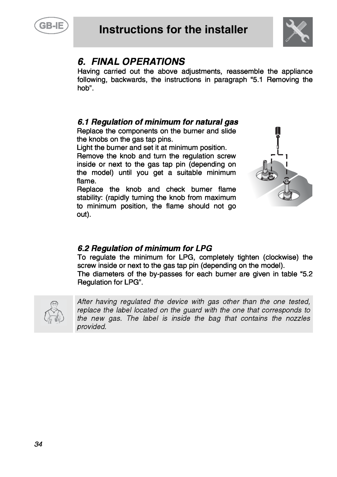 Smeg GCO90XG manual Final Operations, Instructions for the installer, Regulation of minimum for natural gas 