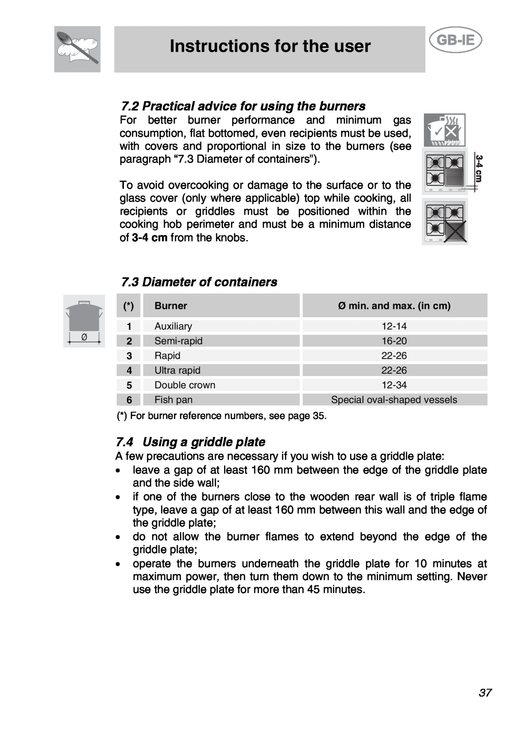 Smeg GCO90XG manual Instructions for the user, Practical advice for using the burners, Diameter of containers 