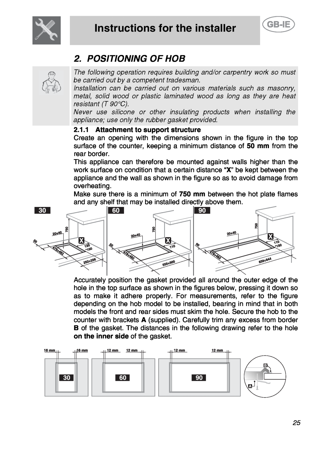 Smeg GCO90XG manual Instructions for the installer, Positioning Of Hob, Attachment to support structure 