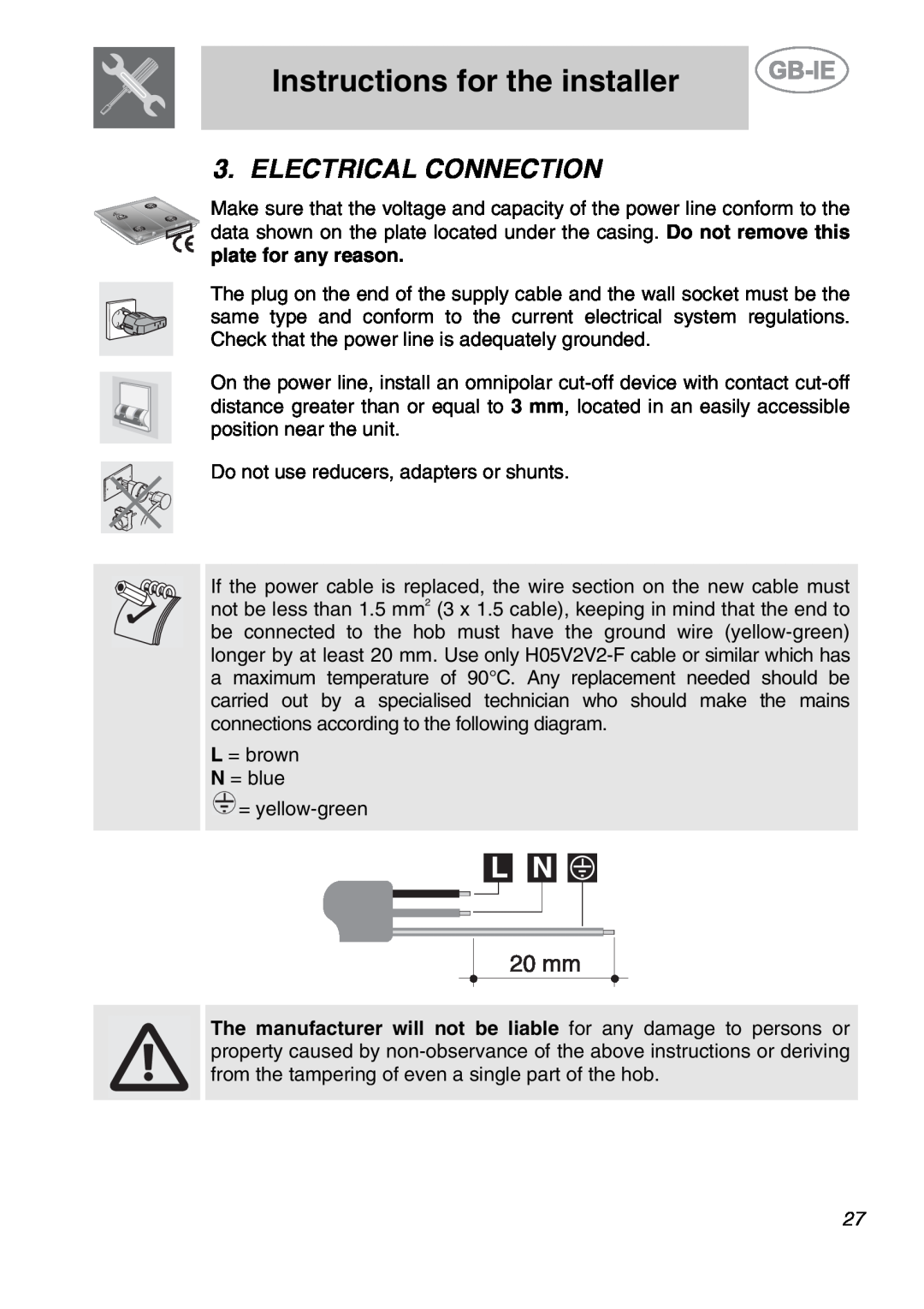 Smeg GCO90XG manual Electrical Connection, Instructions for the installer 