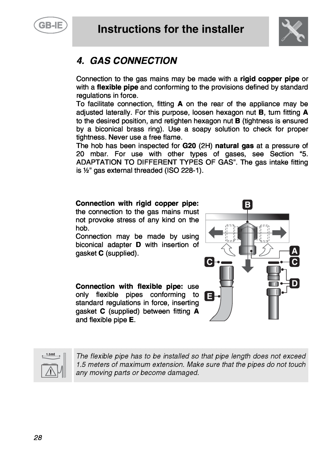 Smeg GCO90XG manual Gas Connection, Instructions for the installer 