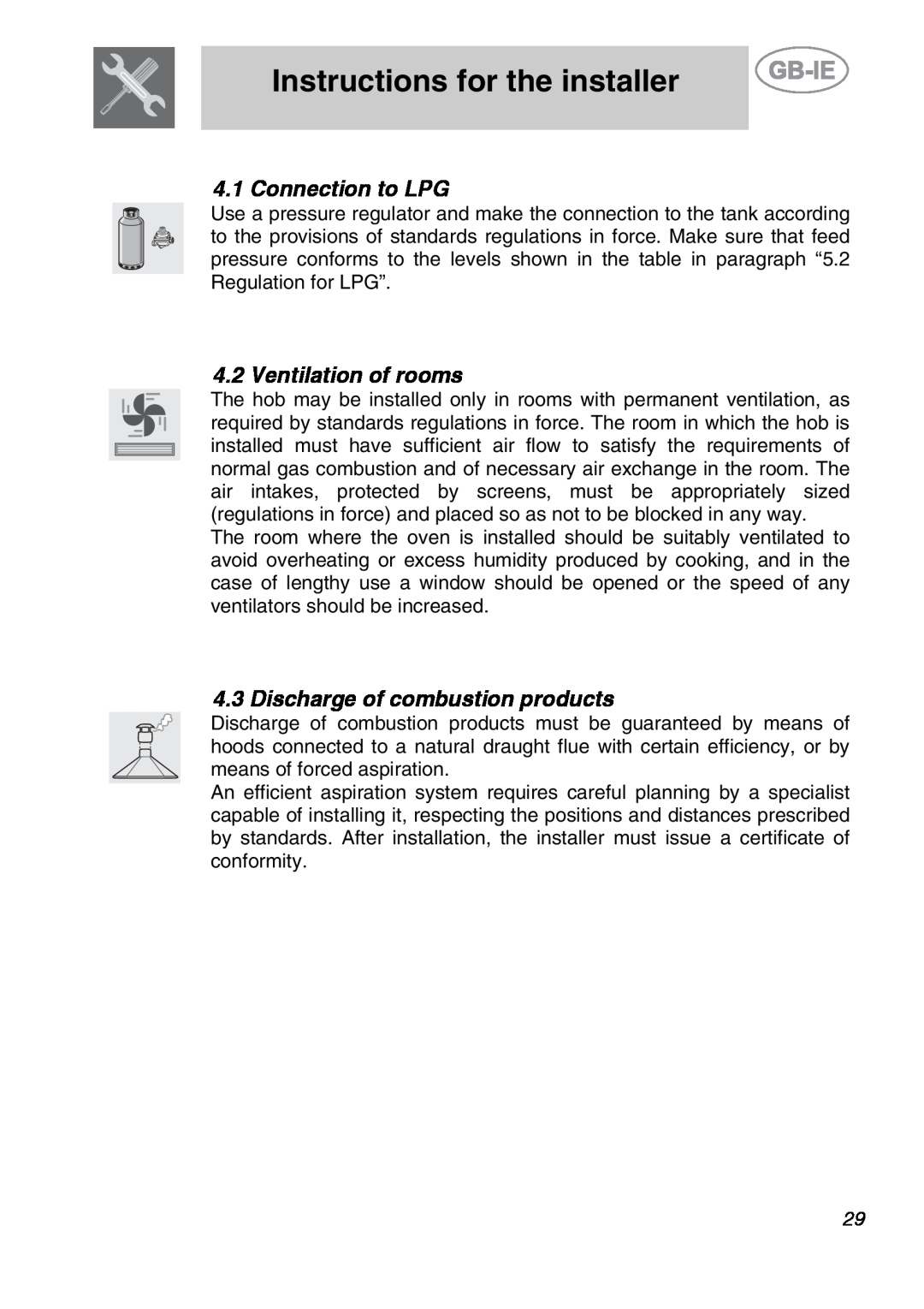 Smeg GCO90XG Instructions for the installer, Connection to LPG, Ventilation of rooms, Discharge of combustion products 