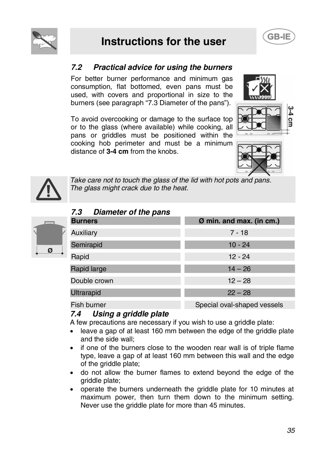 Smeg GCS70XG manual Practical advice for using the burners, Diameter of the pans, Using a griddle plate 