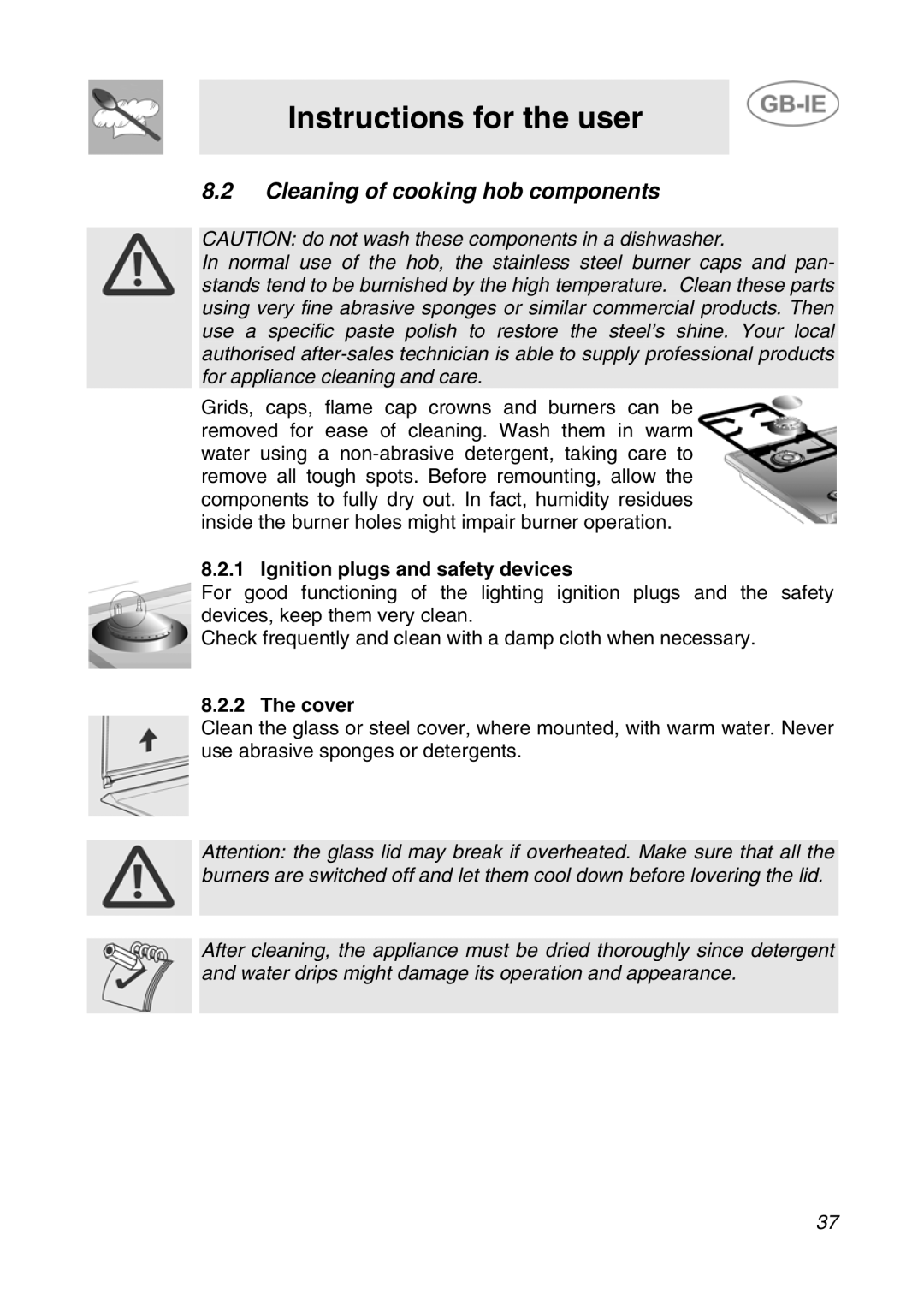 Smeg GCS70XG manual Cleaning of cooking hob components, Ignition plugs and safety devices, Cover 