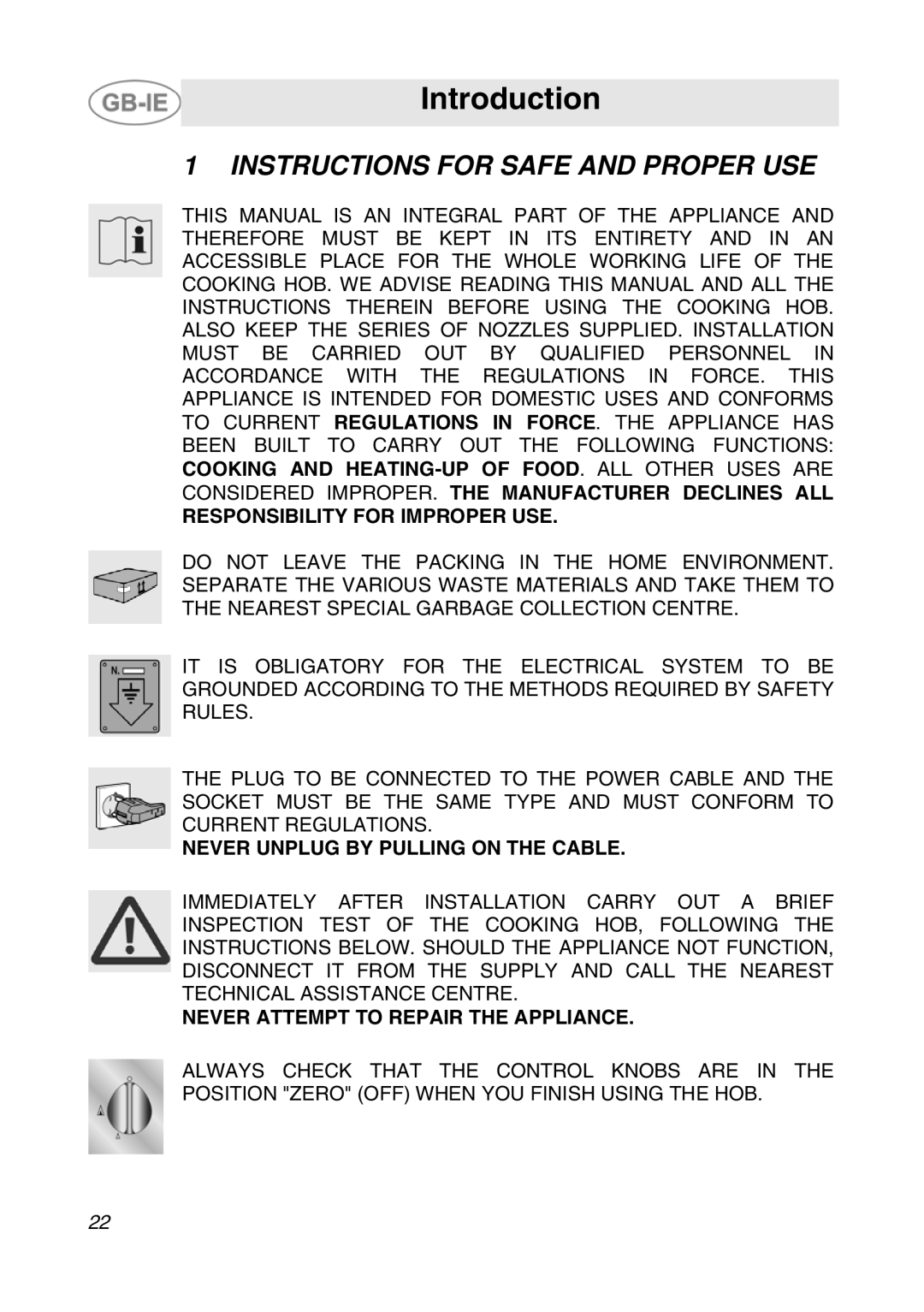 Smeg GCS70XG manual Introduction, Instructions for Safe and Proper USE 