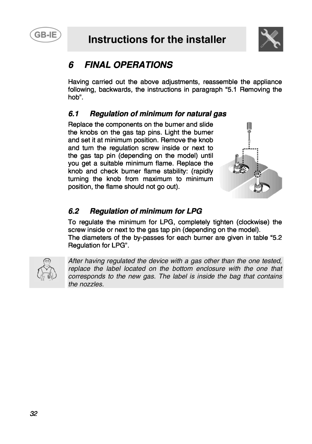 Smeg GCS70XG manual Final Operations, 6.1Regulation of minimum for natural gas, 6.2Regulation of minimum for LPG 
