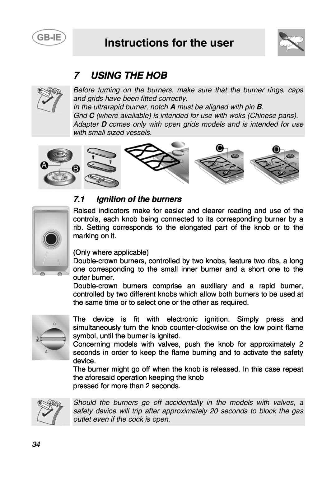 Smeg GCS70XG manual Instructions for the user, Using The Hob, 7.1Ignition of the burners 