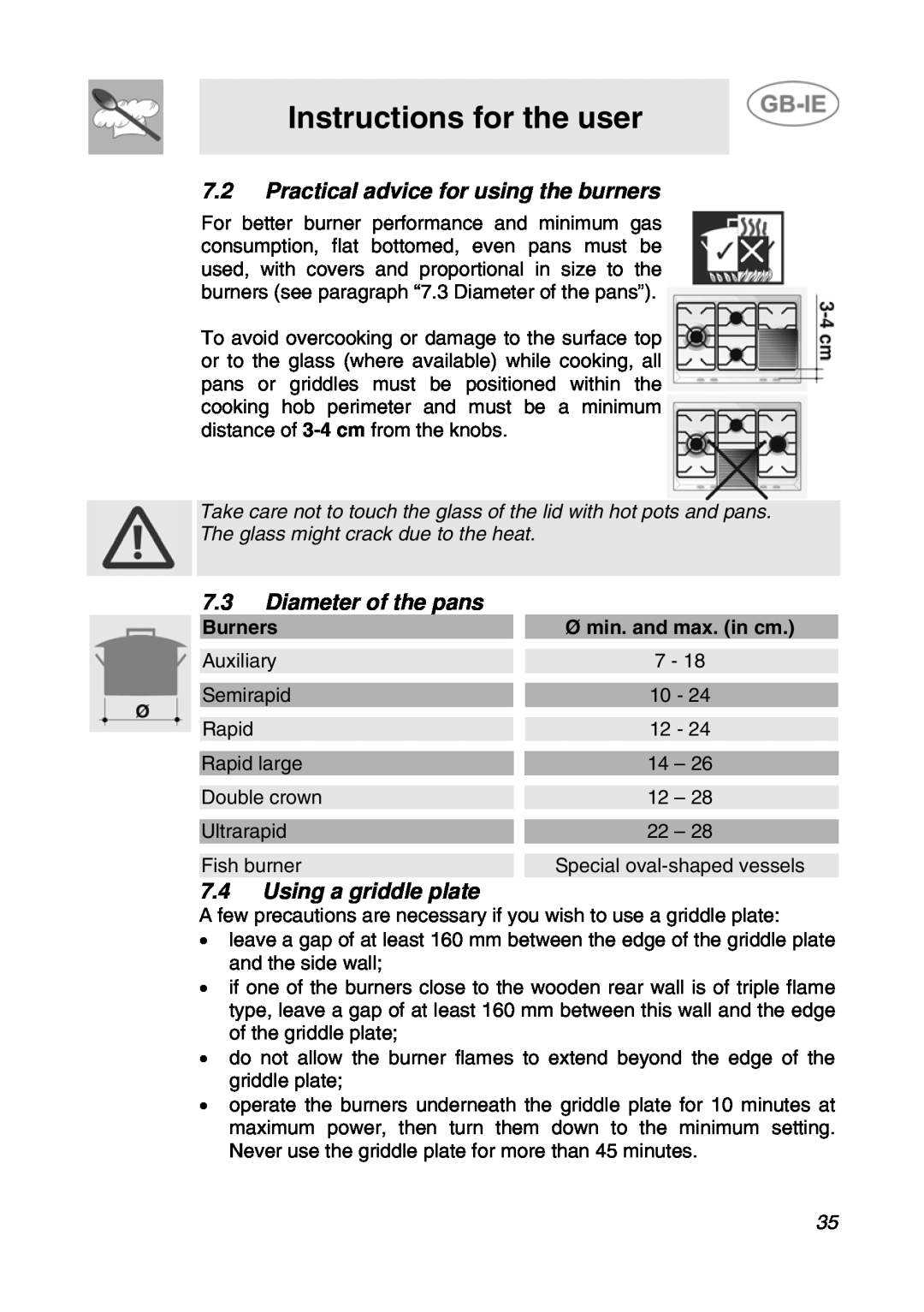 Smeg GCS70XG manual 7.2Practical advice for using the burners, 7.3Diameter of the pans, 7.4Using a griddle plate, Burners 
