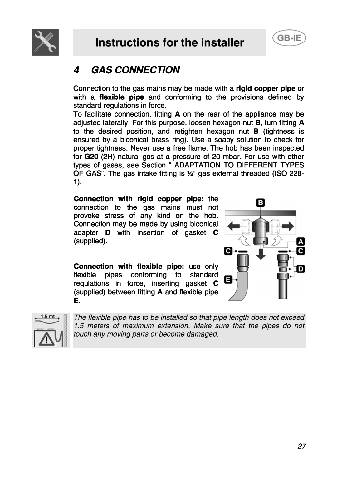 Smeg GCS70XG manual Gas Connection, Instructions for the installer 