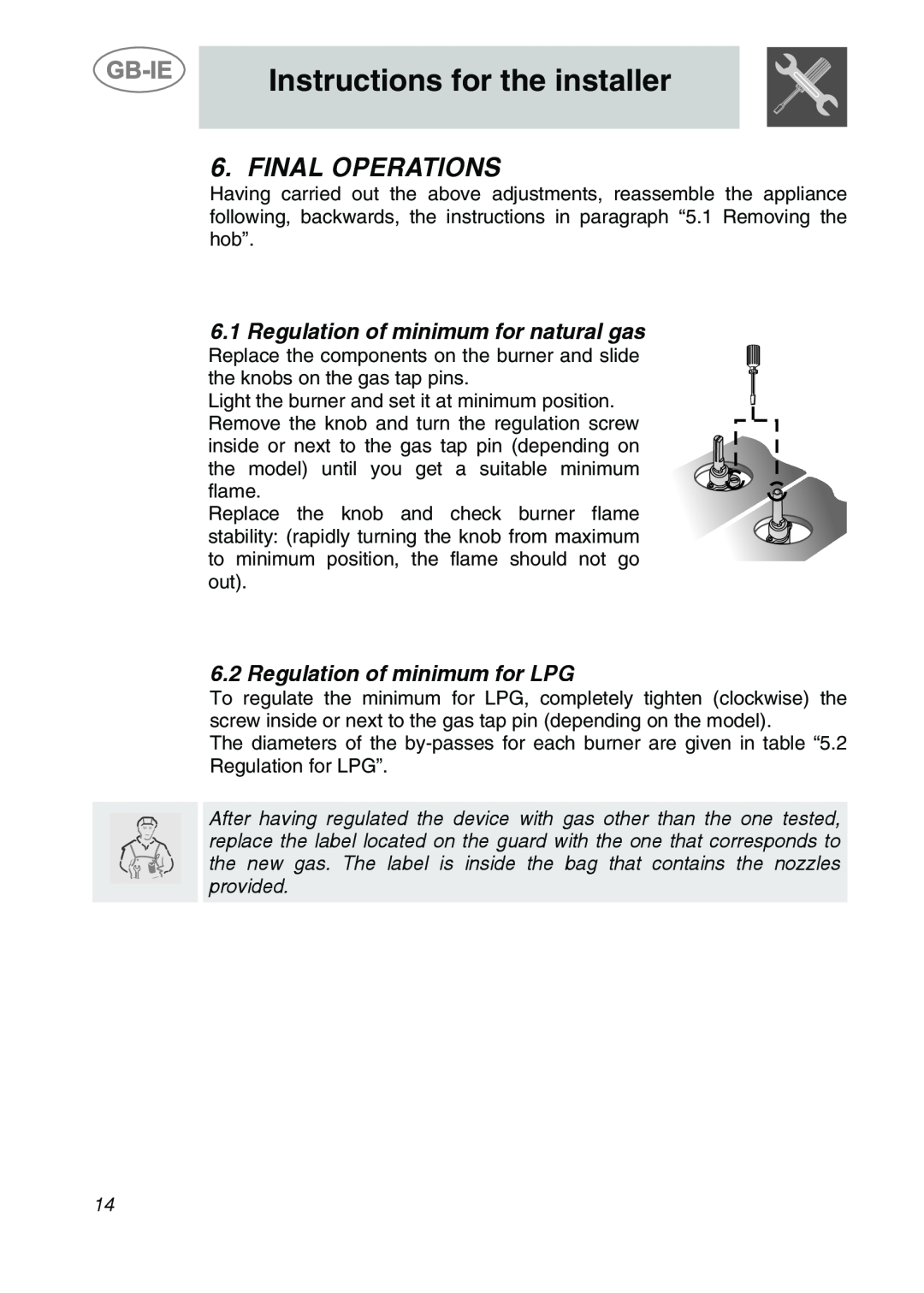 Smeg GCS90XG manual Final Operations, 6.1Regulation of minimum for natural gas, Regulation of minimum for LPG 