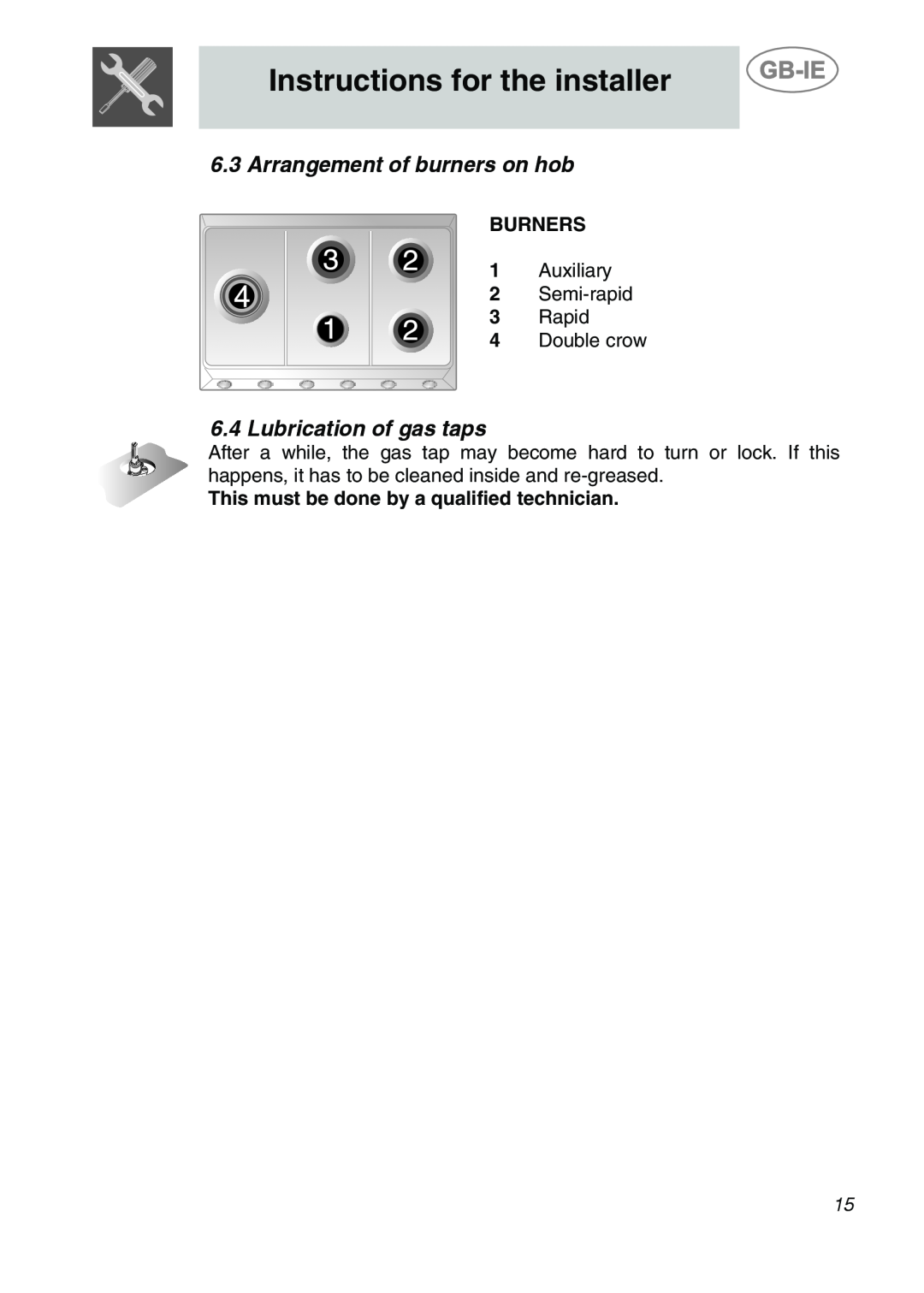 Smeg GCS90XG Arrangement of burners on hob, Lubrication of gas taps, Instructions for the installer, Burners, Auxiliary 