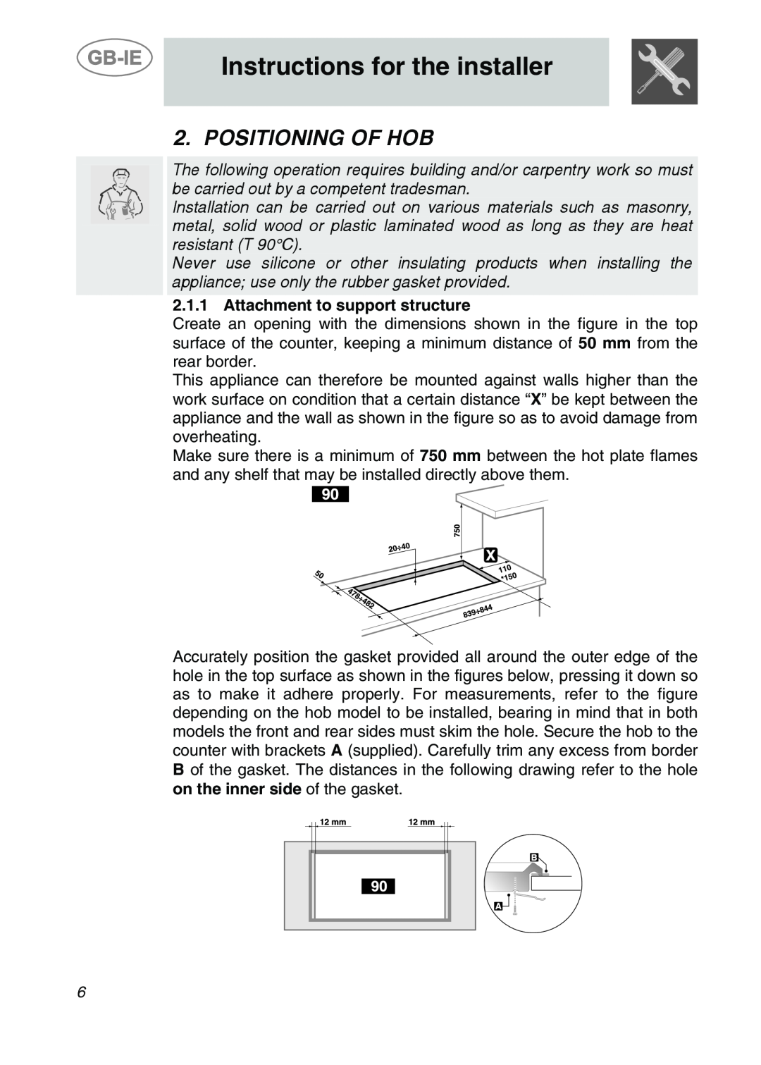 Smeg GCS90XG manual Instructions for the installer, Positioning Of Hob, Attachment to support structure 