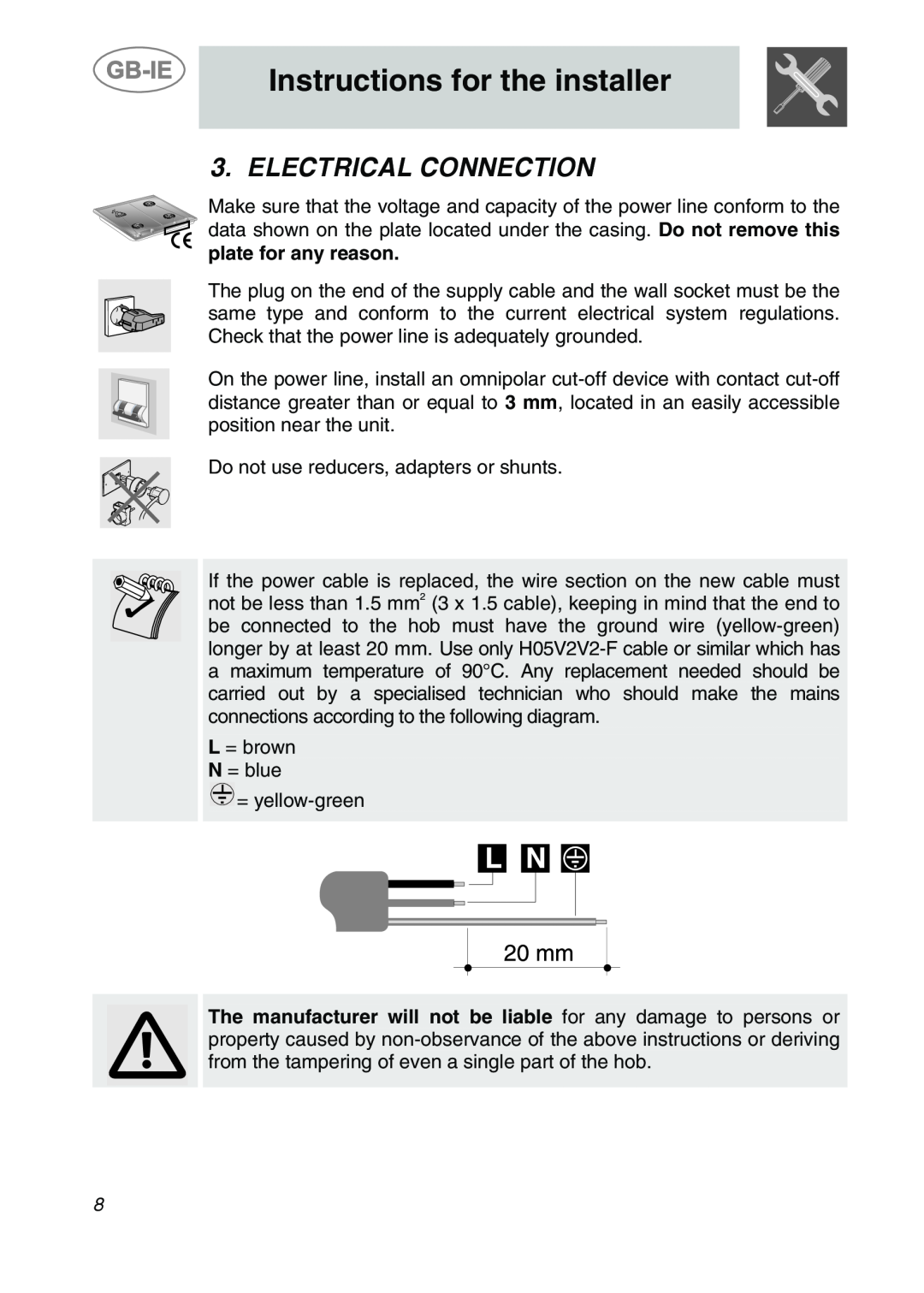 Smeg GCS90XG manual Electrical Connection, Instructions for the installer 
