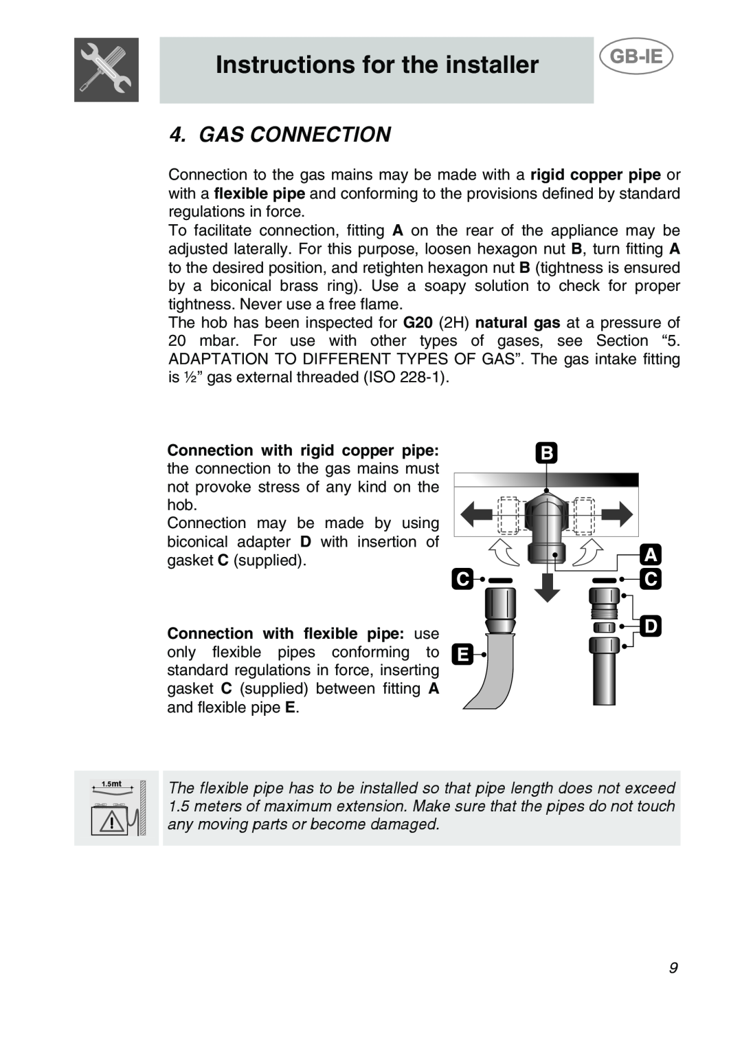 Smeg GCS90XG manual Gas Connection, Instructions for the installer 