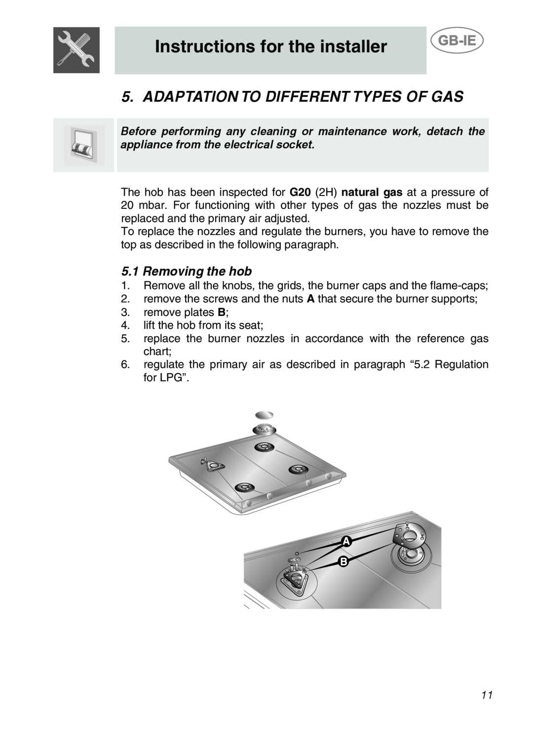 Smeg GCS90XG manual Adaptation To Different Types Of Gas, Removing the hob, Instructions for the installer 