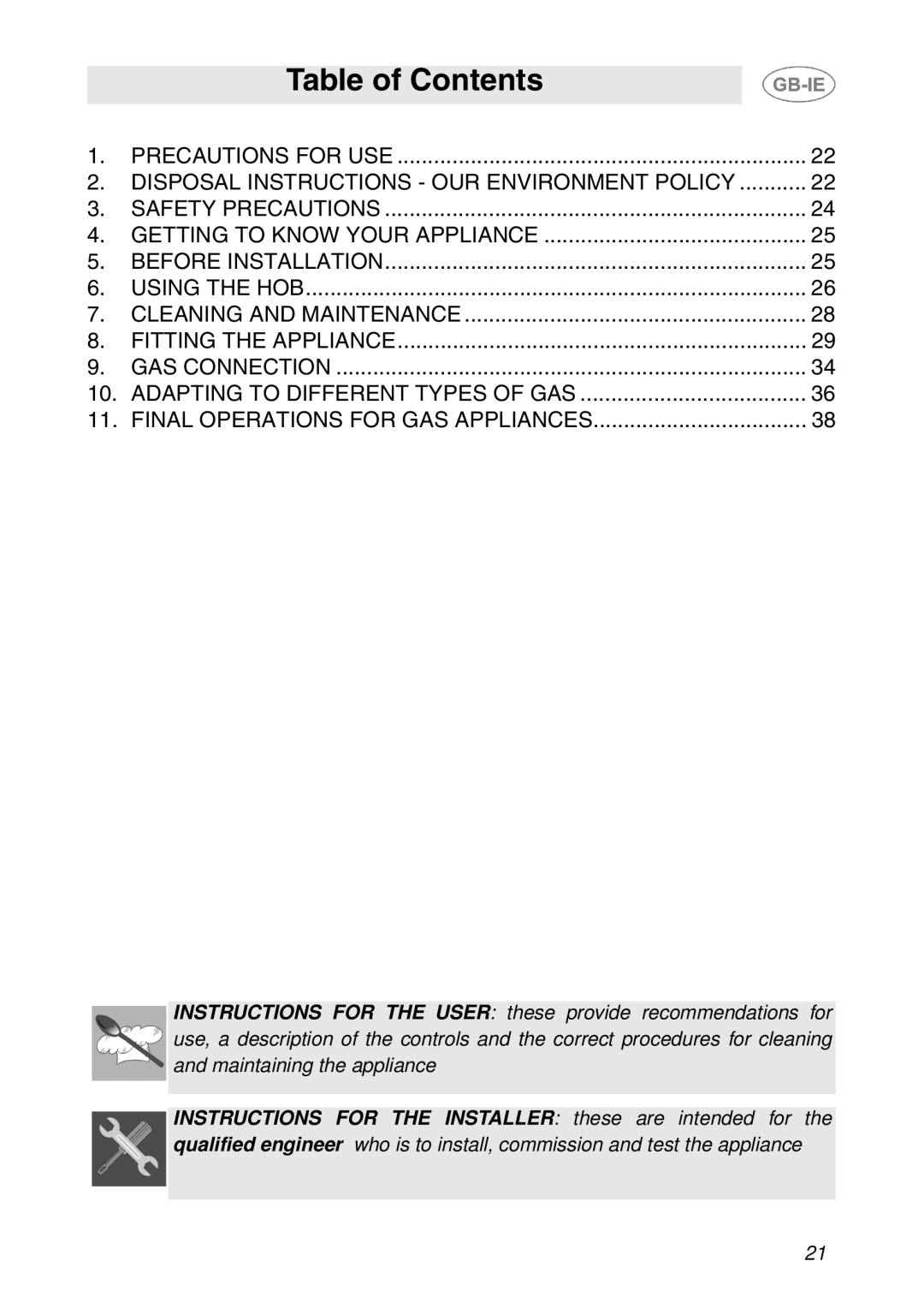 Smeg GD100XG manual Table of Contents 