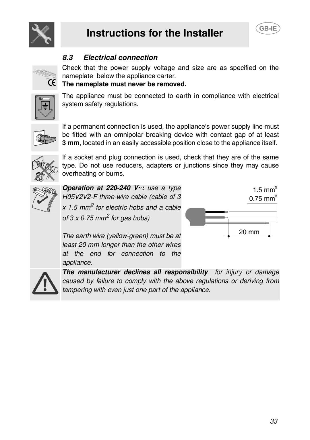 Smeg GD100XG manual Electrical connection, Nameplate must never be removed 