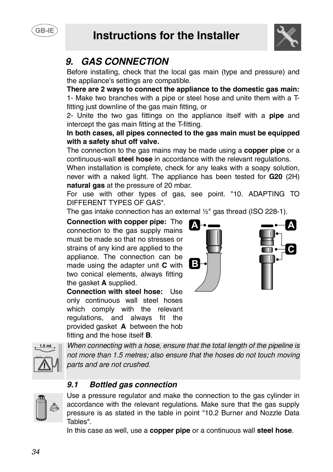 Smeg GD100XG manual GAS Connection, Bottled gas connection 