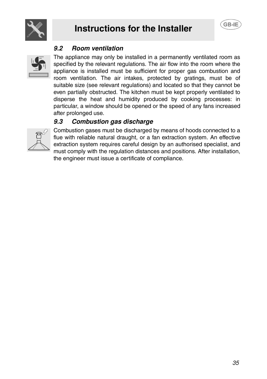 Smeg GD100XG manual Room ventilation, Combustion gas discharge 