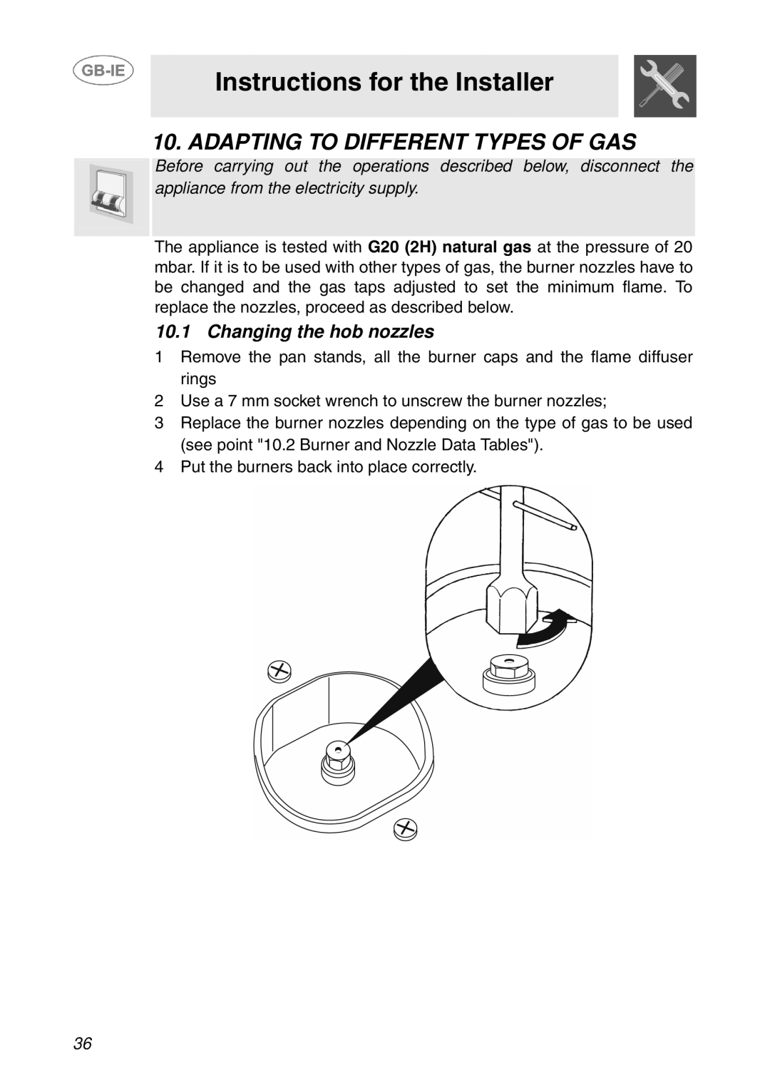 Smeg GD100XG manual Adapting to Different Types of GAS, Changing the hob nozzles 