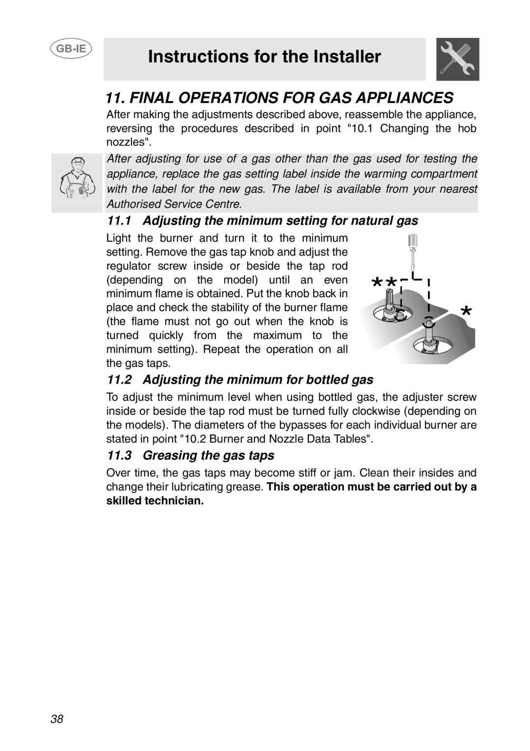 Smeg GD100XG Final Operations for GAS Appliances, Adjusting the minimum setting for natural gas, Greasing the gas taps 