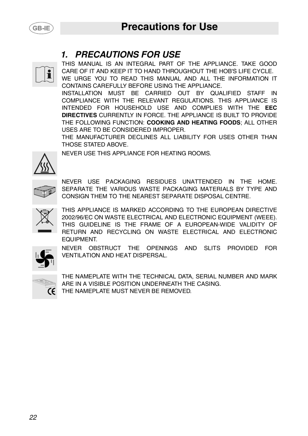 Smeg GD100XG manual Precautions for Use, Precautions for USE 