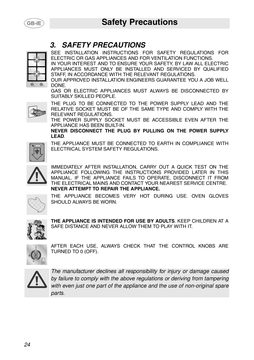 Smeg GD100XG manual Safety Precautions 