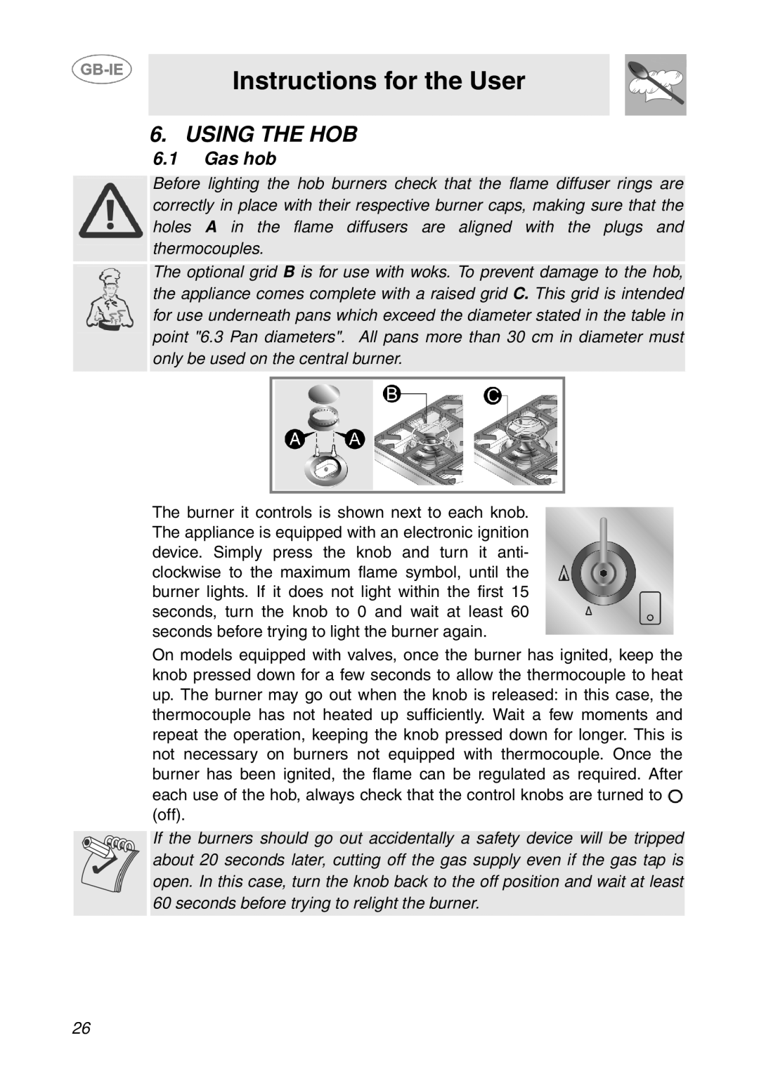 Smeg GD100XG manual Using the HOB, Gas hob 