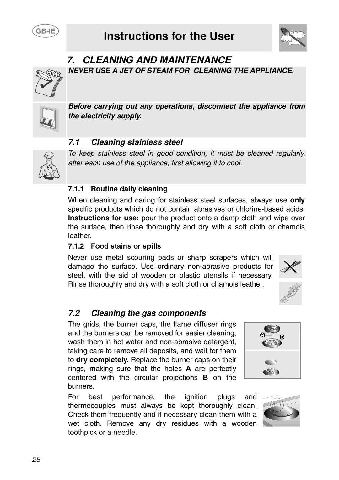 Smeg GD100XG manual Cleaning and Maintenance, Cleaning stainless steel, Cleaning the gas components, Routine daily cleaning 