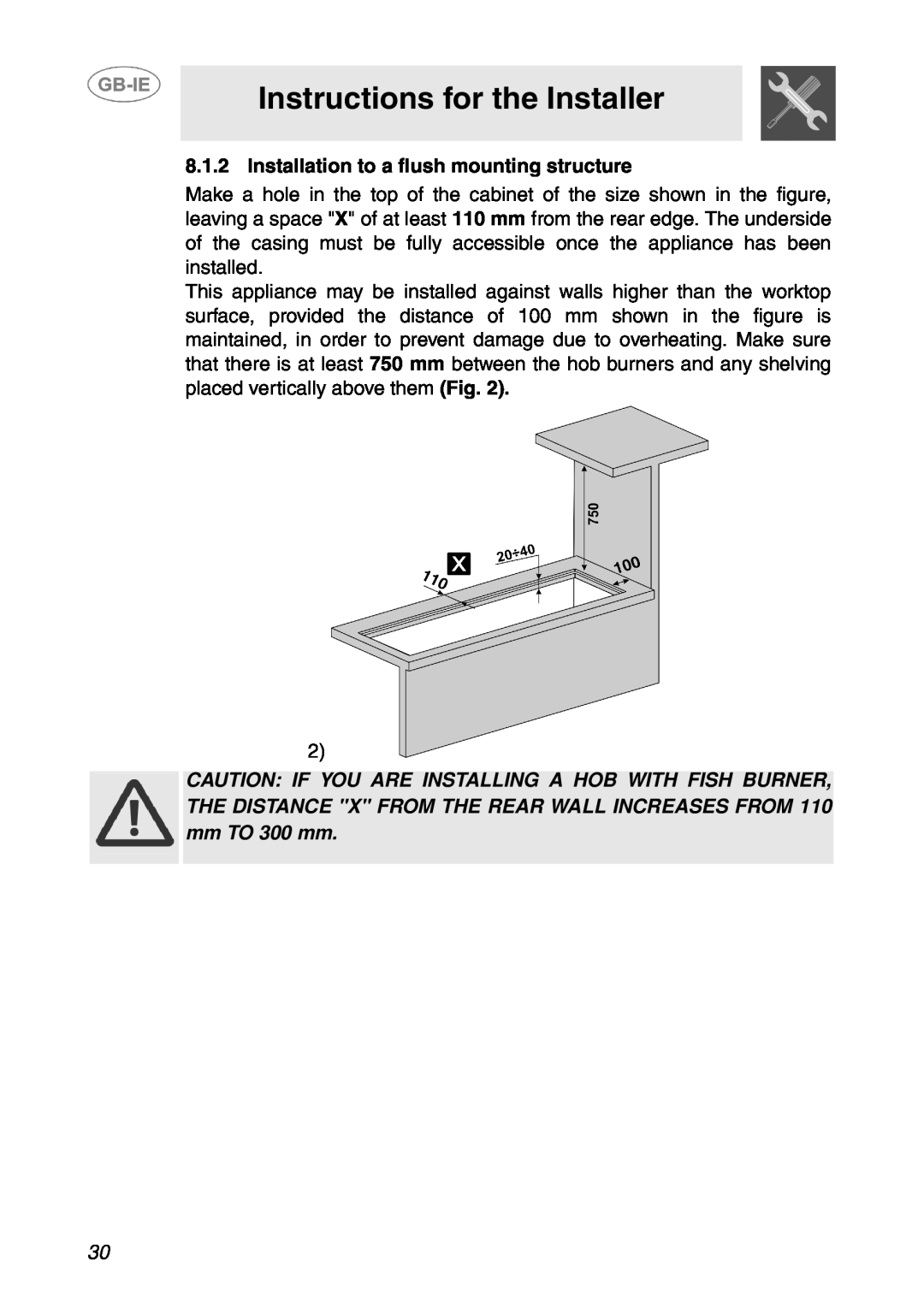 Smeg GD100XG manual Instructions for the Installer, Installation to a flush mounting structure 
