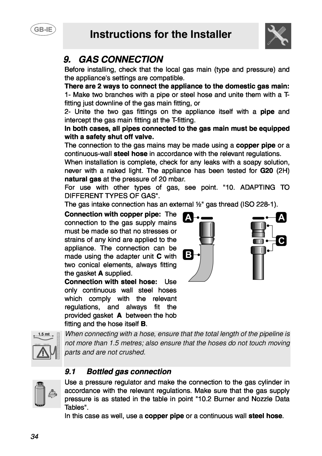 Smeg GD100XG manual Gas Connection, Bottled gas connection, Instructions for the Installer 