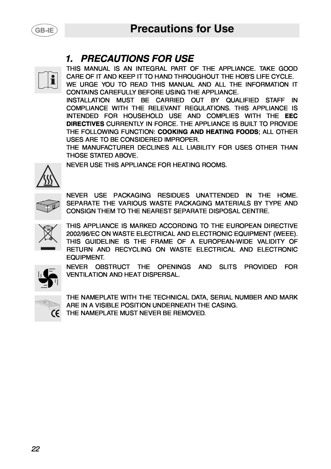 Smeg GD100XG manual Precautions for Use, Precautions For Use 