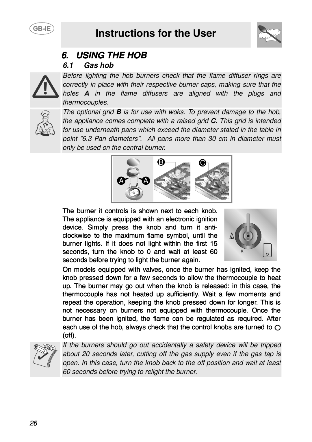 Smeg GD100XG manual Using The Hob, Gas hob, Instructions for the User 