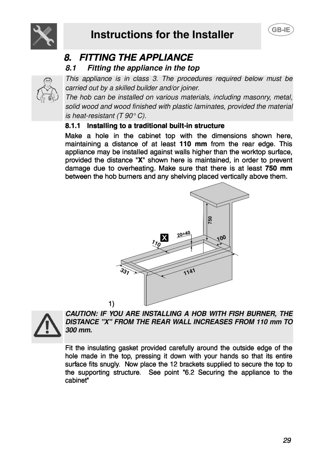Smeg GD100XG manual Instructions for the Installer, Fitting The Appliance, Fitting the appliance in the top 