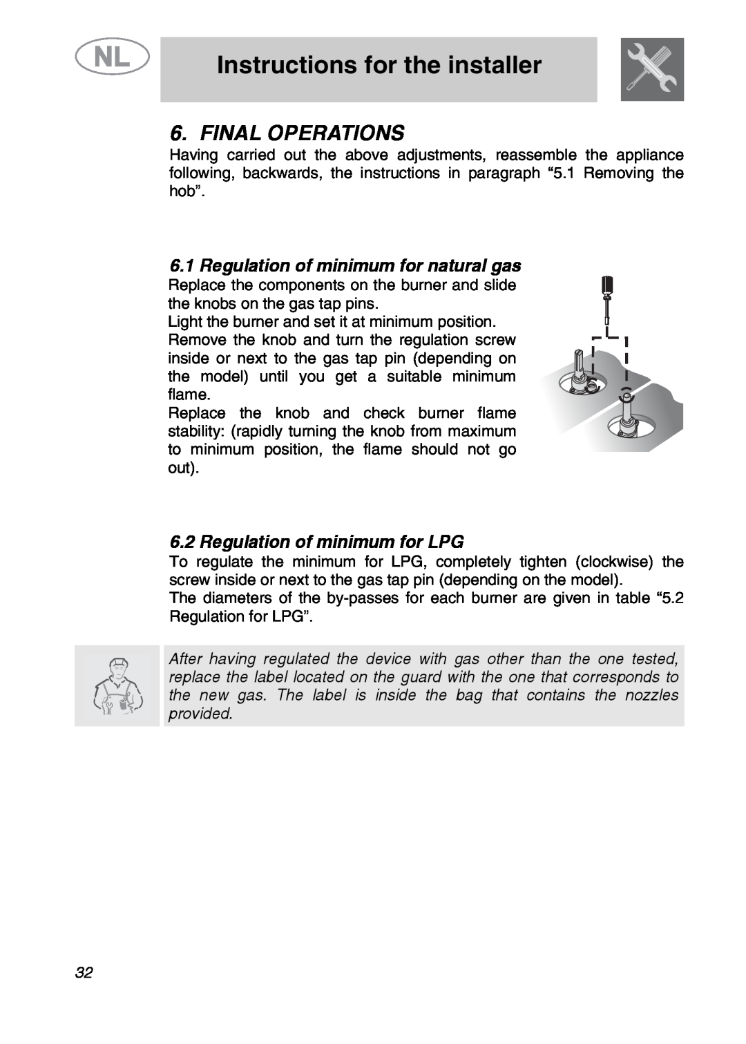 Smeg GKC641-3 manual Final Operations, Regulation of minimum for natural gas, Regulation of minimum for LPG 