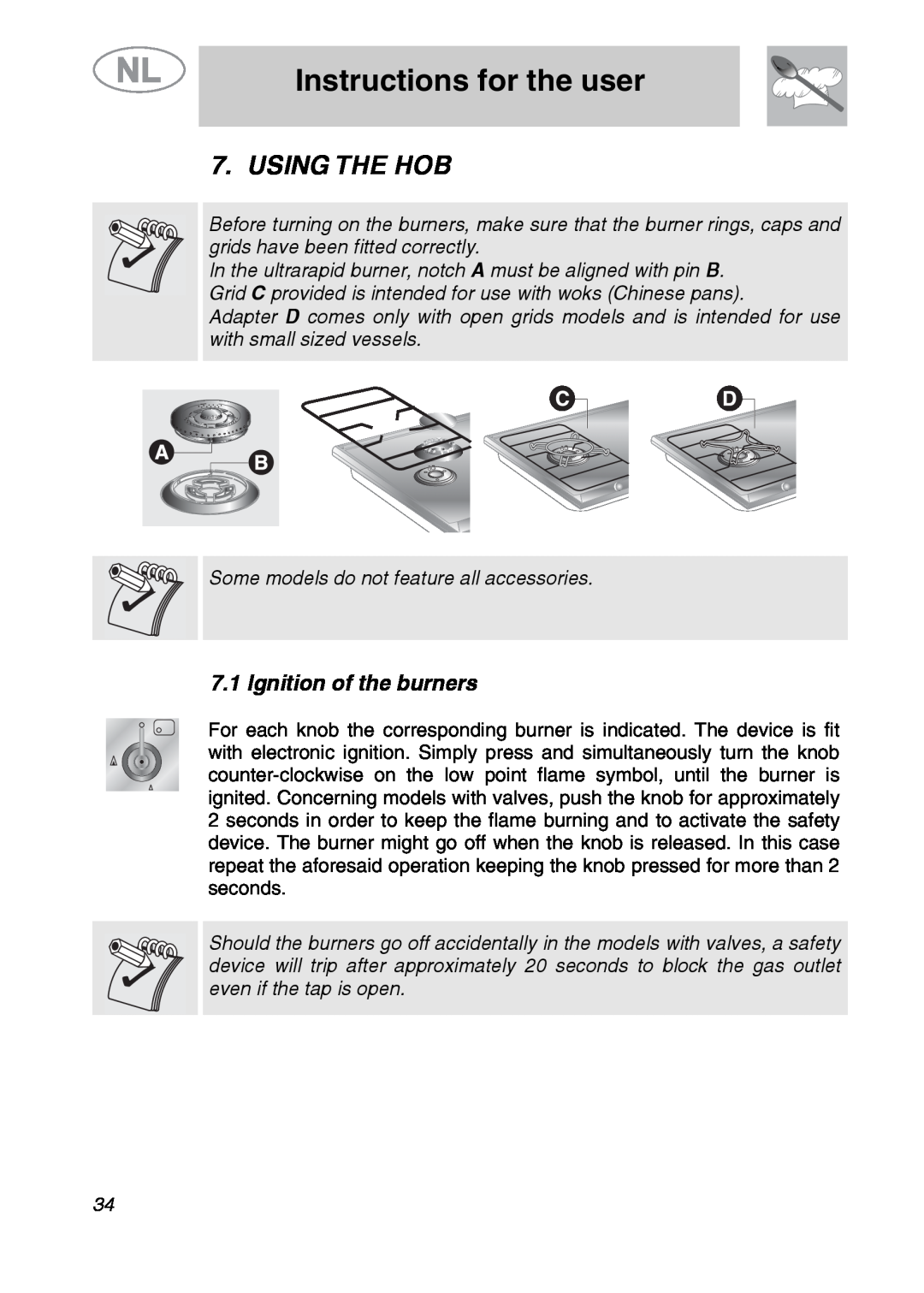 Smeg GKC641-3 manual Instructions for the user, Using The Hob, Ignition of the burners 