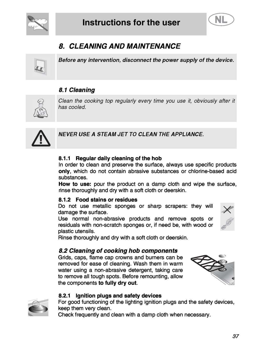 Smeg GKC641-3 manual Cleaning And Maintenance, Cleaning of cooking hob components, Instructions for the user 