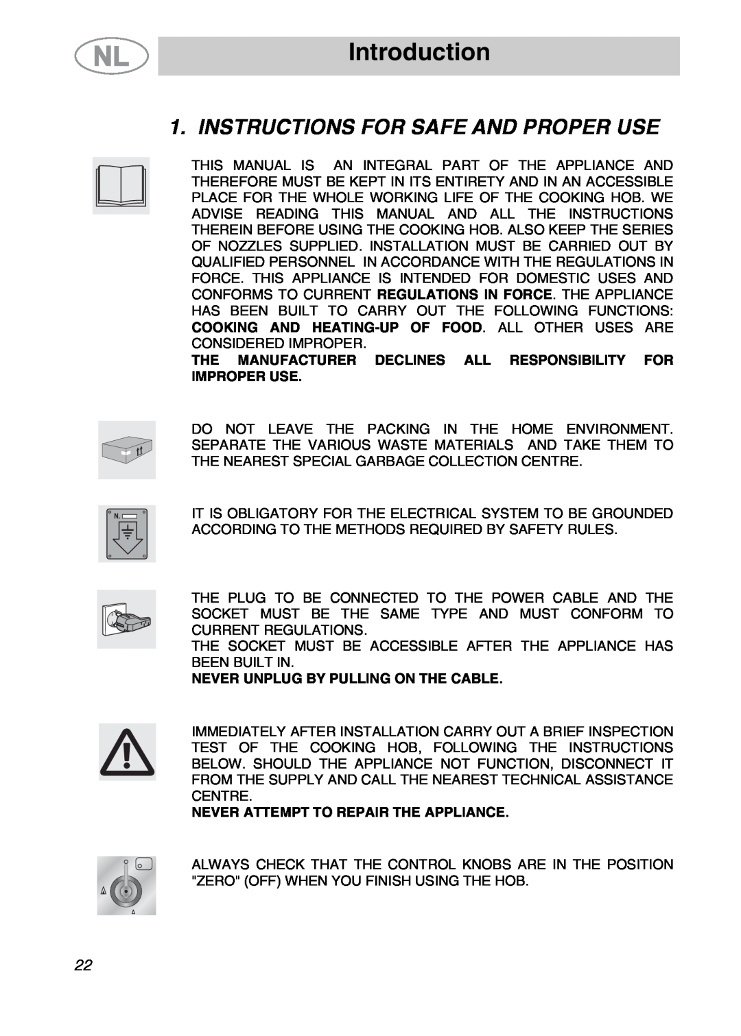 Smeg GKC641-3 manual Introduction, Instructions For Safe And Proper Use, Never Unplug By Pulling On The Cable 