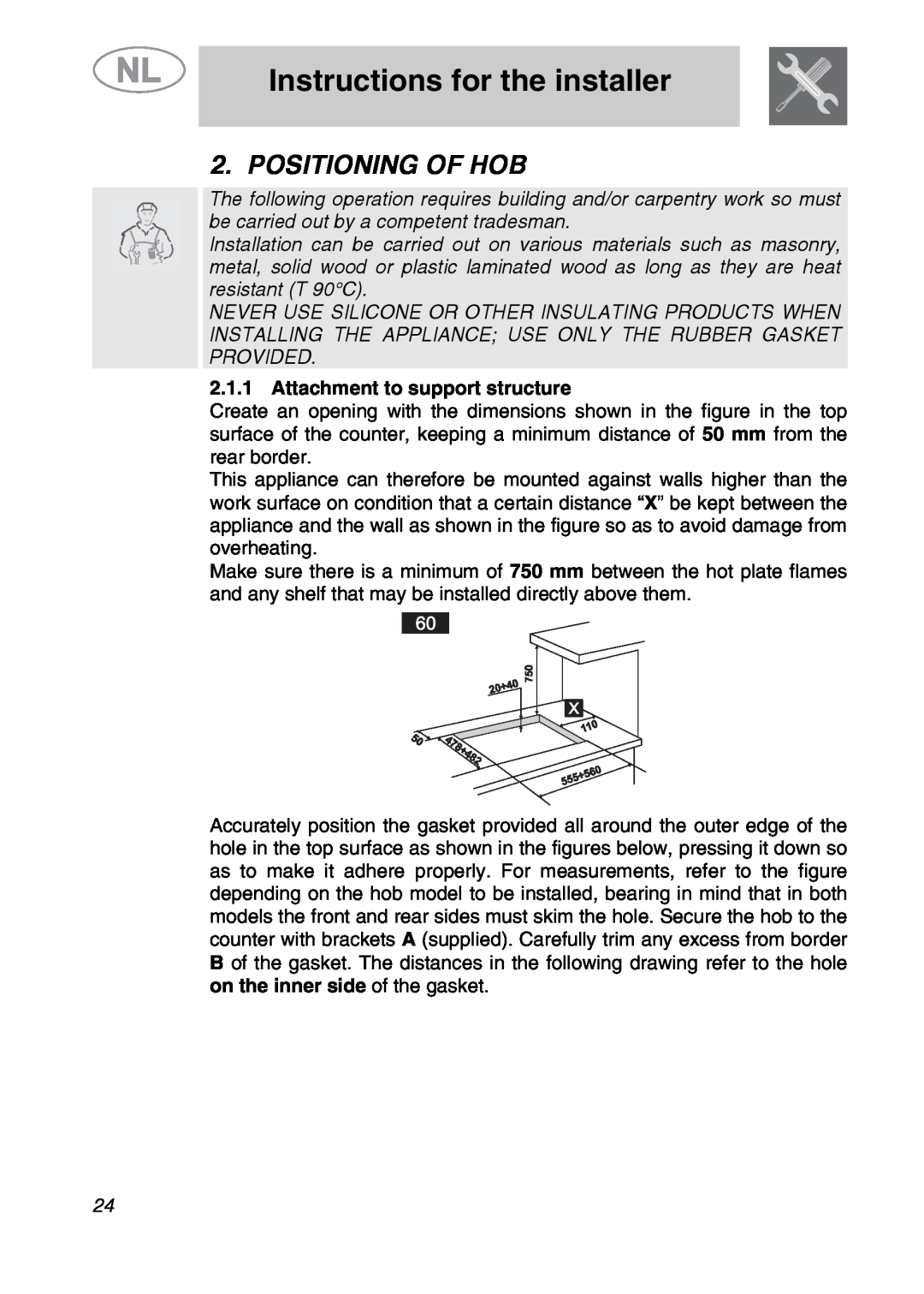 Smeg GKC641-3 manual Instructions for the installer, Positioning Of Hob, Attachment to support structure 