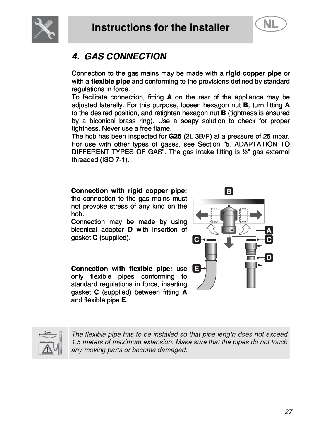 Smeg GKC641-3 manual Gas Connection, Instructions for the installer 