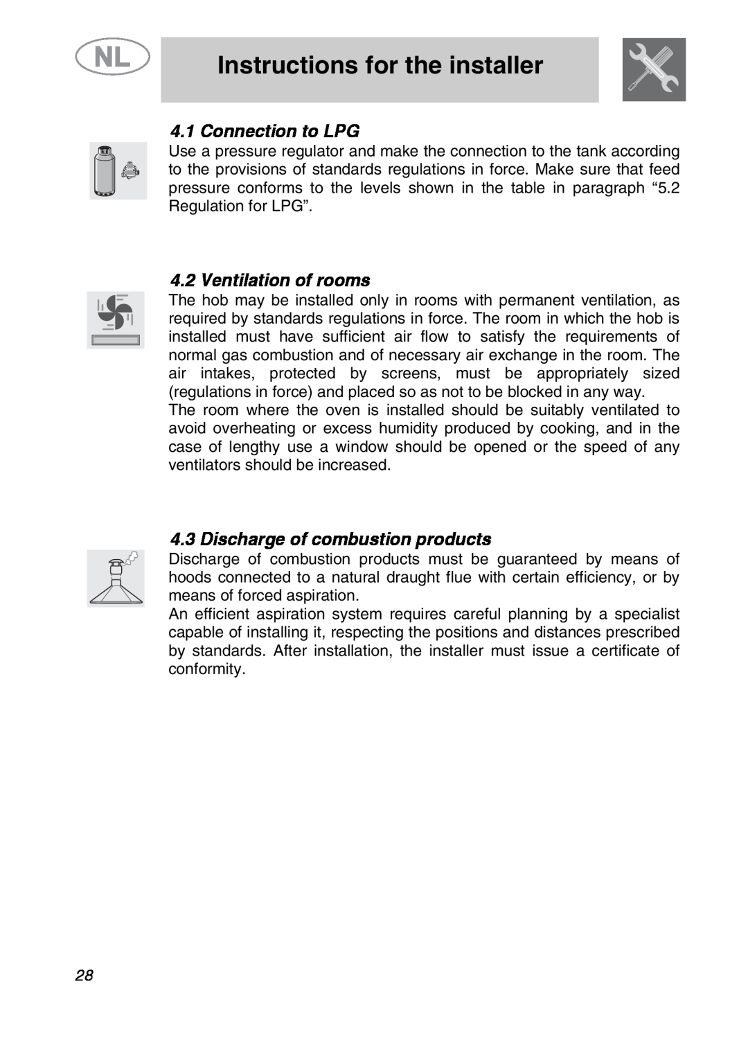 Smeg GKC641-3 Connection to LPG, Ventilation of rooms, Discharge of combustion products, Instructions for the installer 