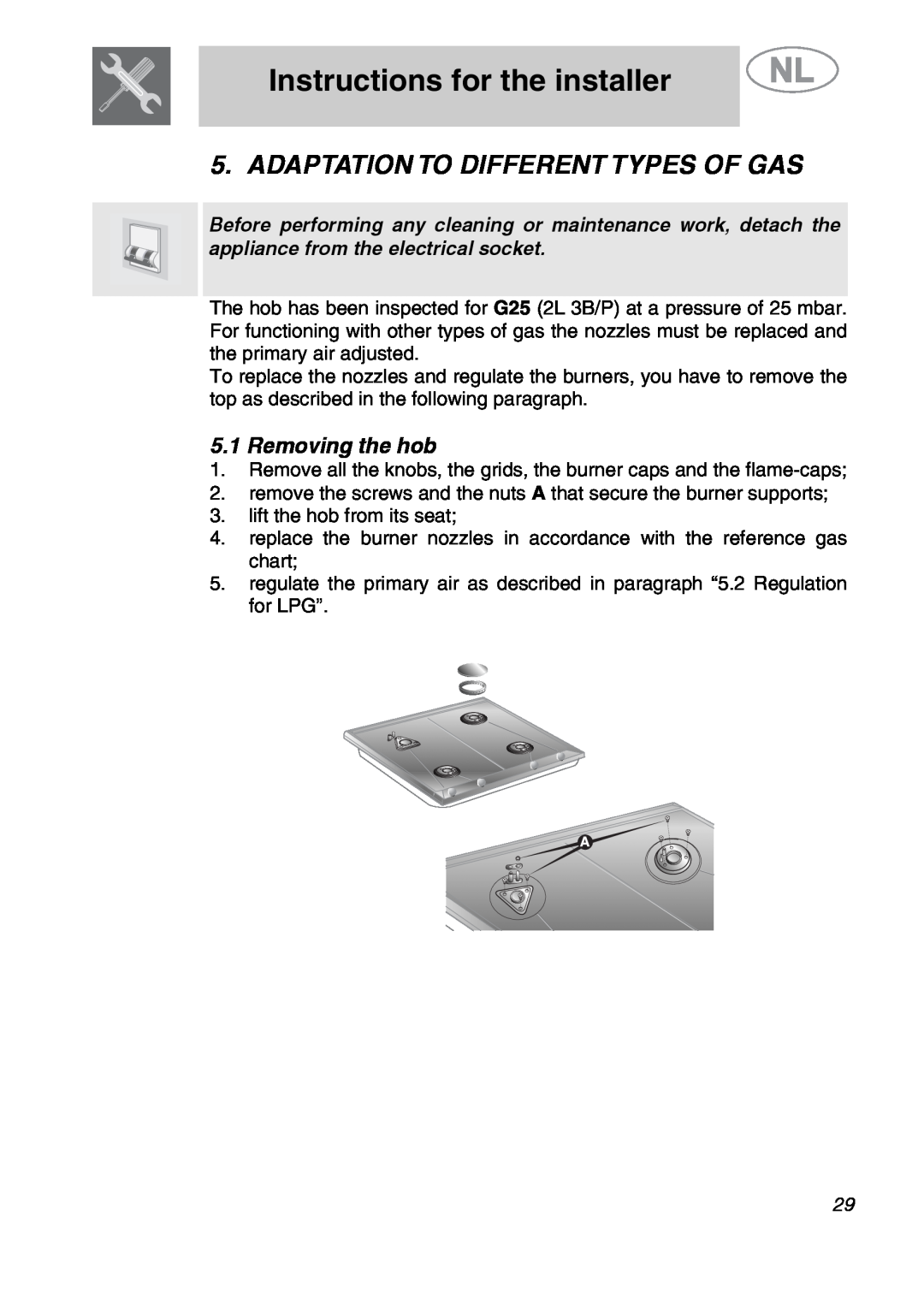 Smeg GKC641-3 manual Adaptation To Different Types Of Gas, Removing the hob, Instructions for the installer 