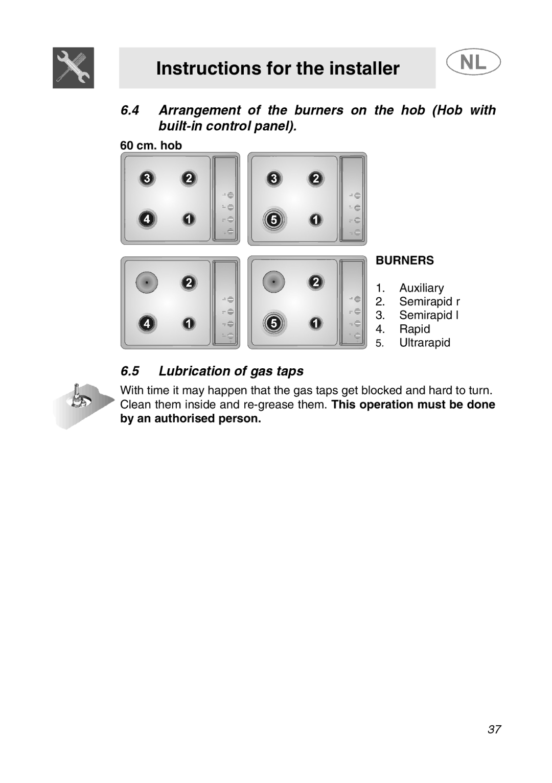 Smeg GKC64-3, GKC95-3 manual Lubrication of gas taps 